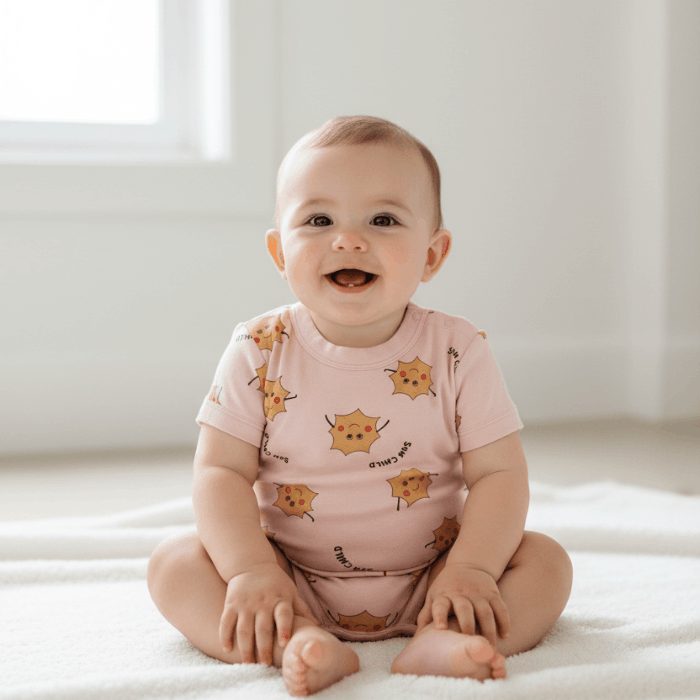 Baby sitting on floor wearing bonds romper
