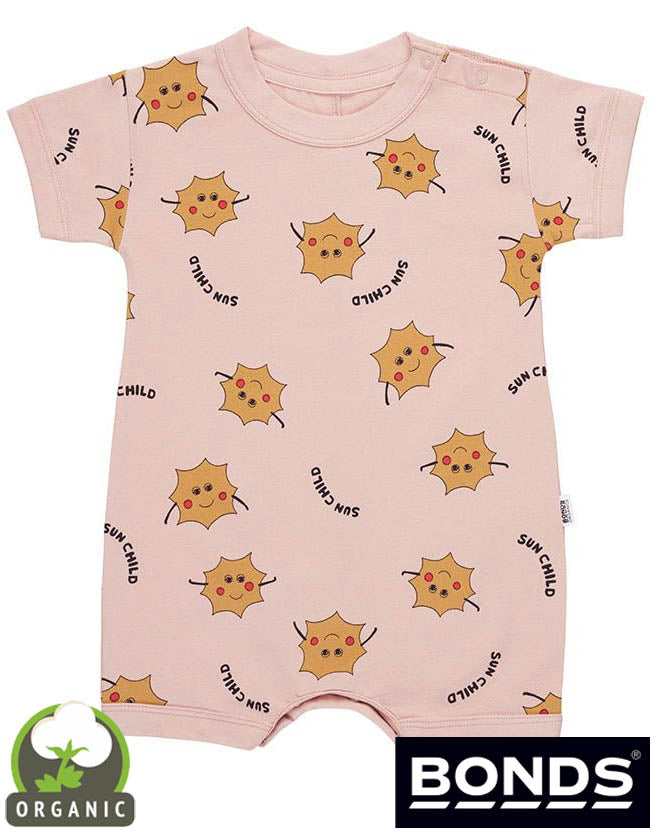 Baby romper with sun design and 'Bonds' branding on a white background