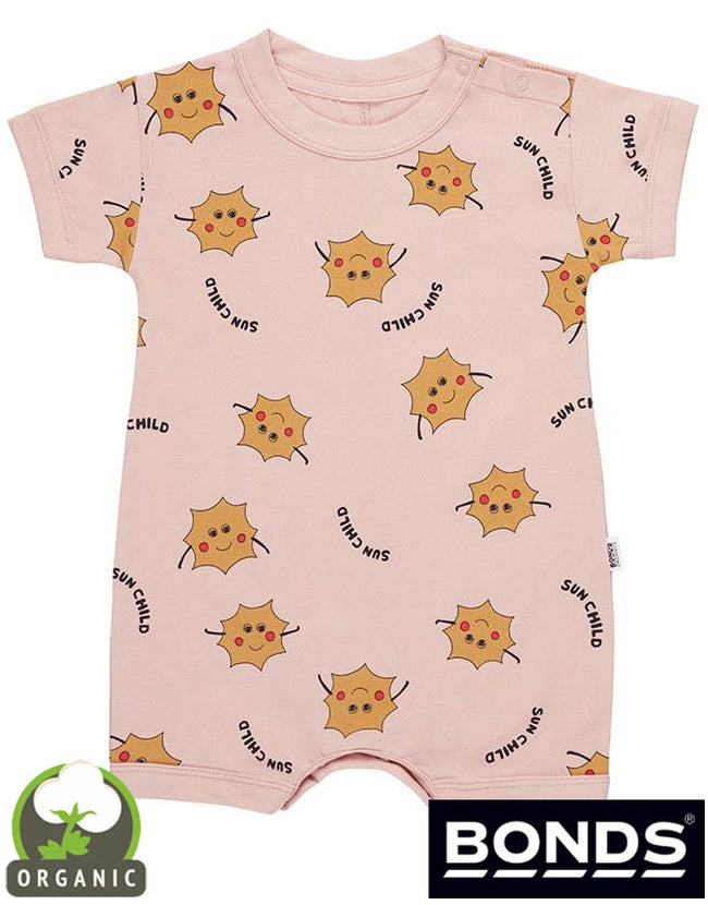 Baby romper with sun design and 'Bonds' branding on a white background