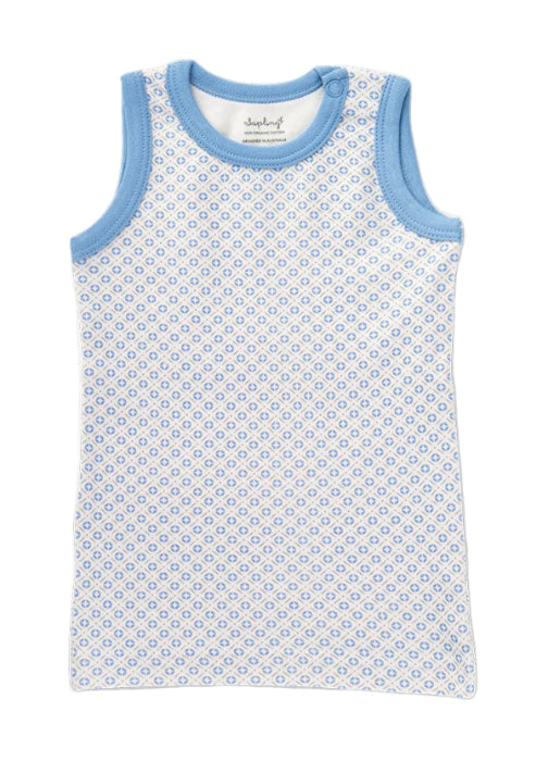 Baby vest with blue pattern on a white background, featuring an organic label.
