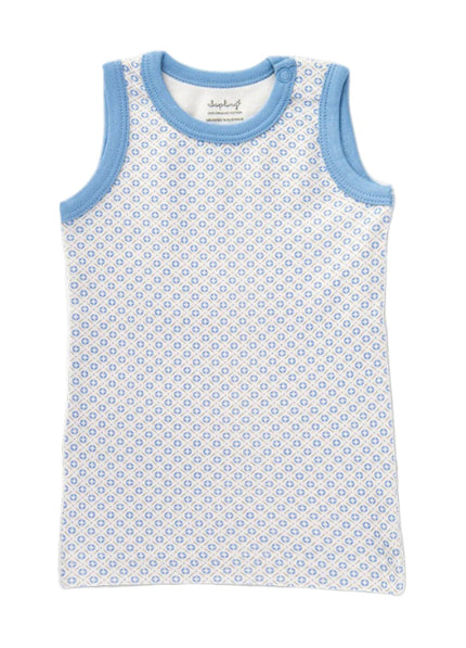 Baby vest with blue pattern on a white background, featuring an organic label.