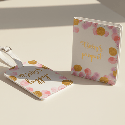 pink spot baby first passport and tag set on table
