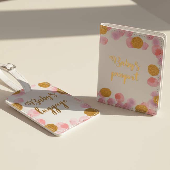pink spot baby first passport and tag set on table