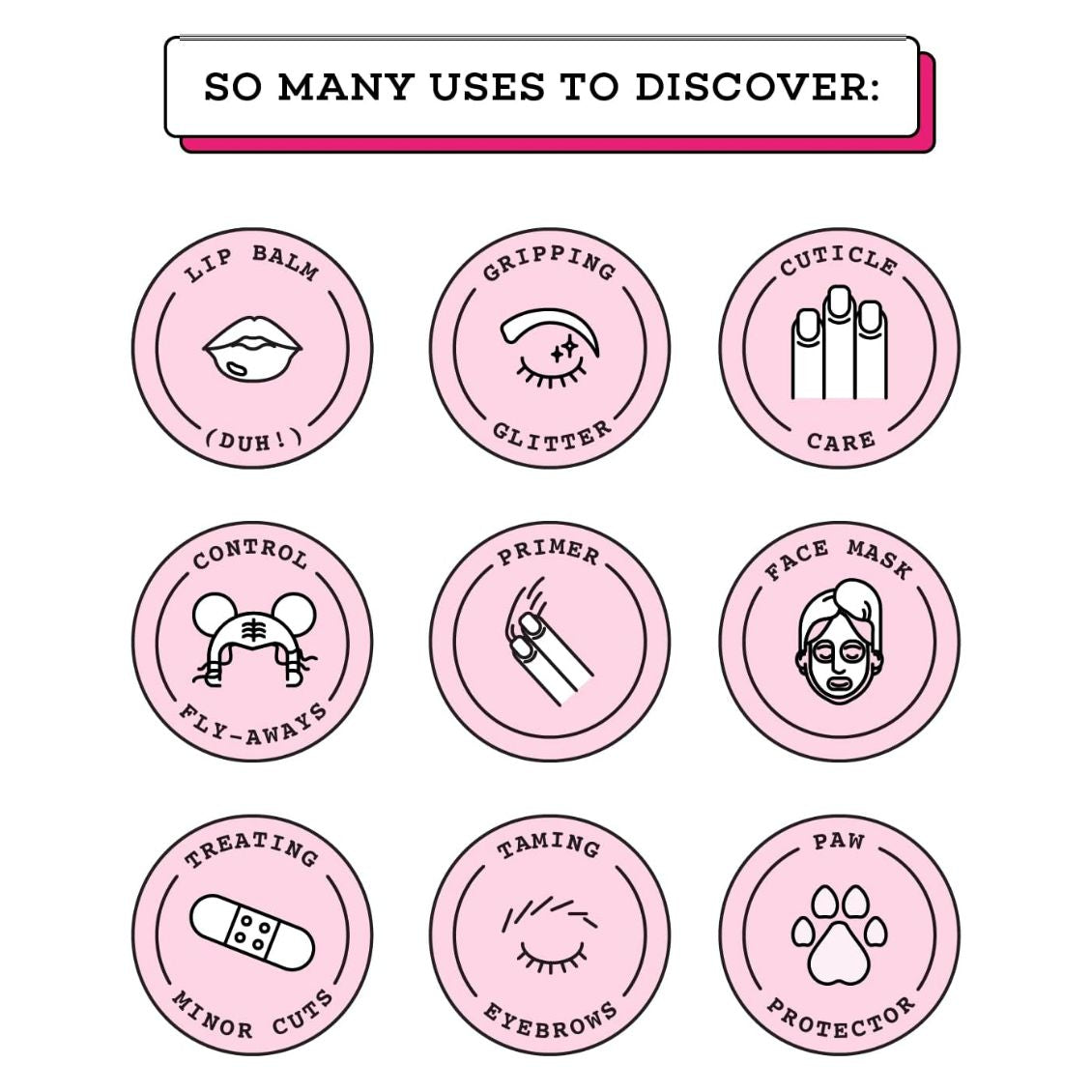 Illustrations of pink circles with icons and text about various uses on a white background