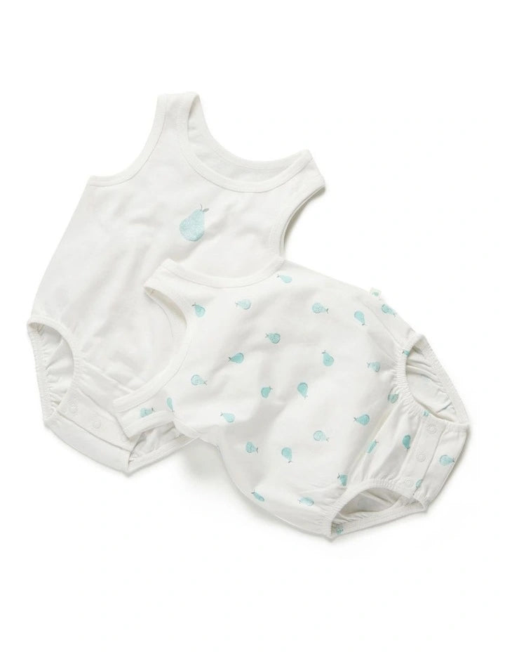 White baby bloomers with blue pear  pattern on a white background