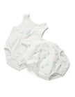 White baby bloomers with blue pear  pattern on a white background