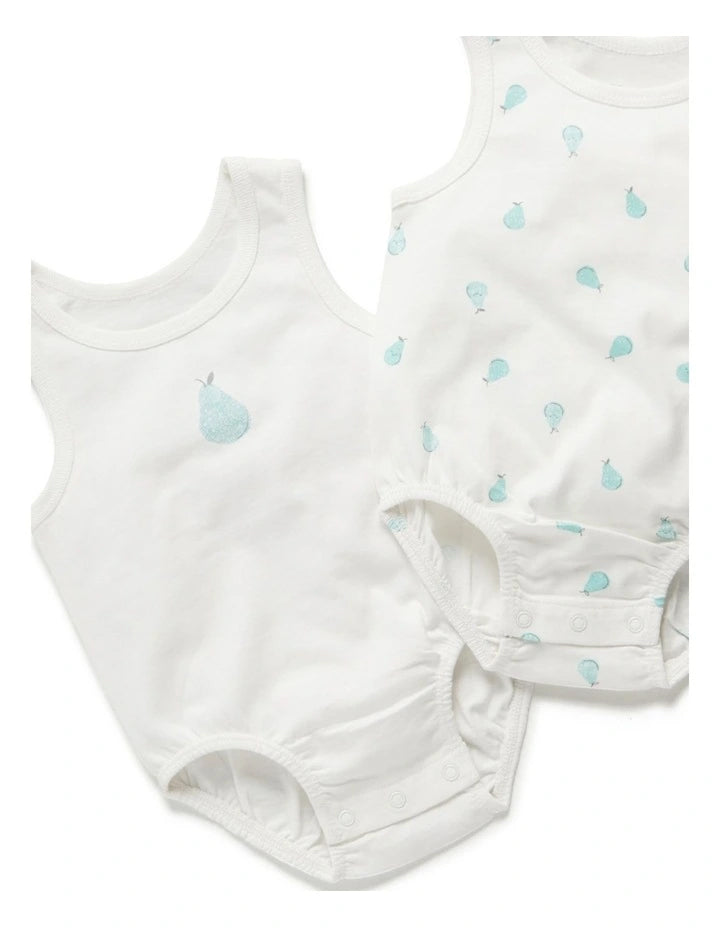 Two white baby rompers with blue designs on a white background