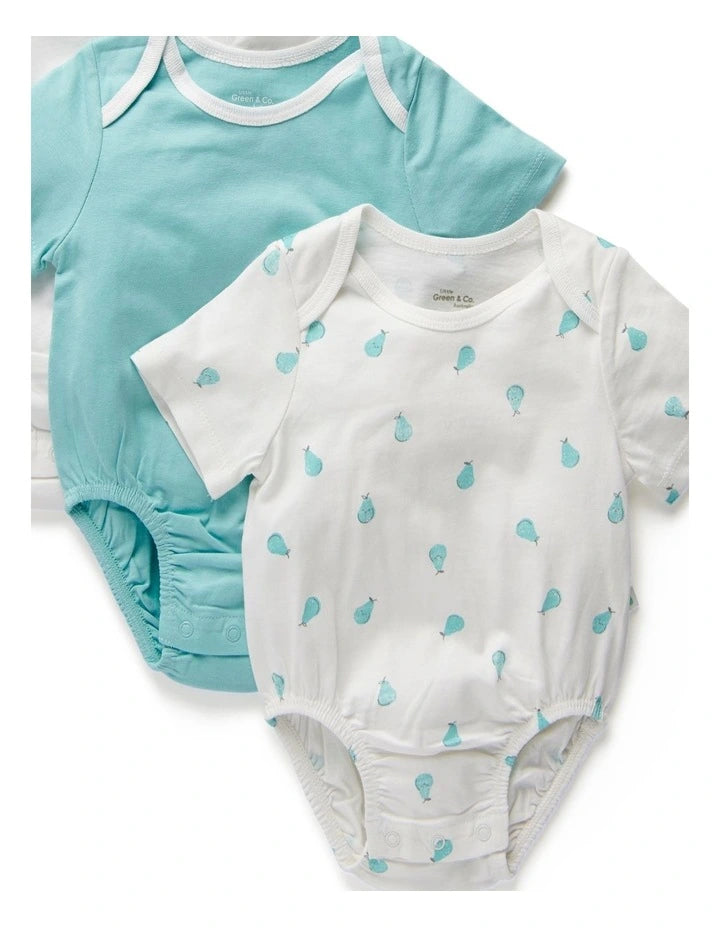 Two baby bodysuits, one turquoise and one white with blue patterns, on a white background.