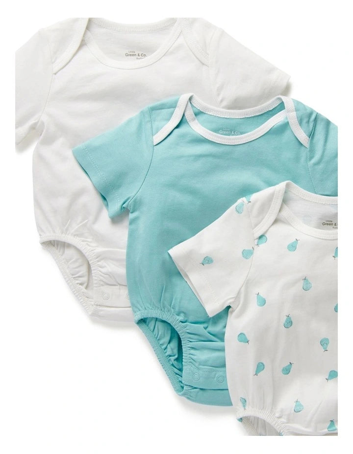 Three baby bodysuits in white, light blue, and white with blue patterns on a white background