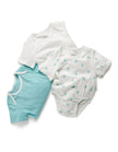 Baby outfit set with white shirt, light blue shorts, and white onesie with blue patterns on a white background
