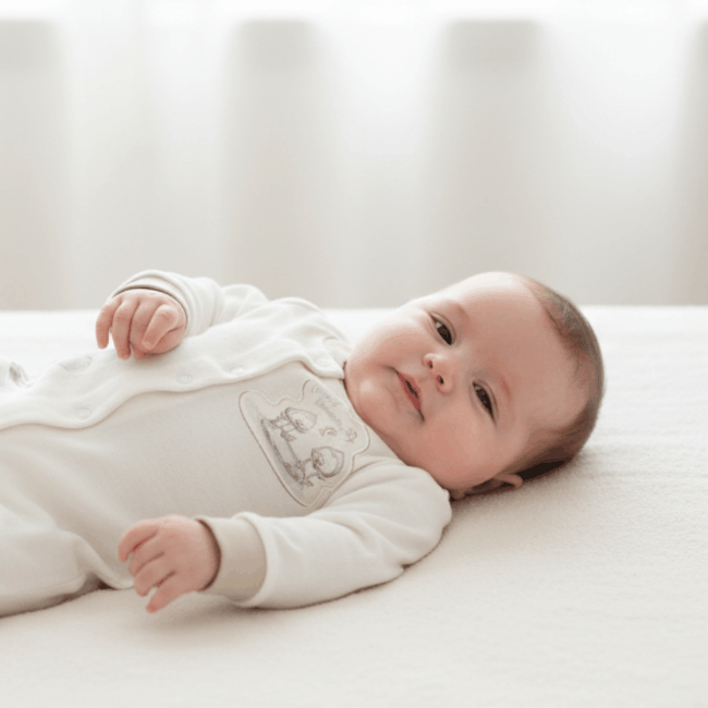 baby laying and wearing cream romper