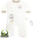 organic cotton baby studsuit with penguin toy