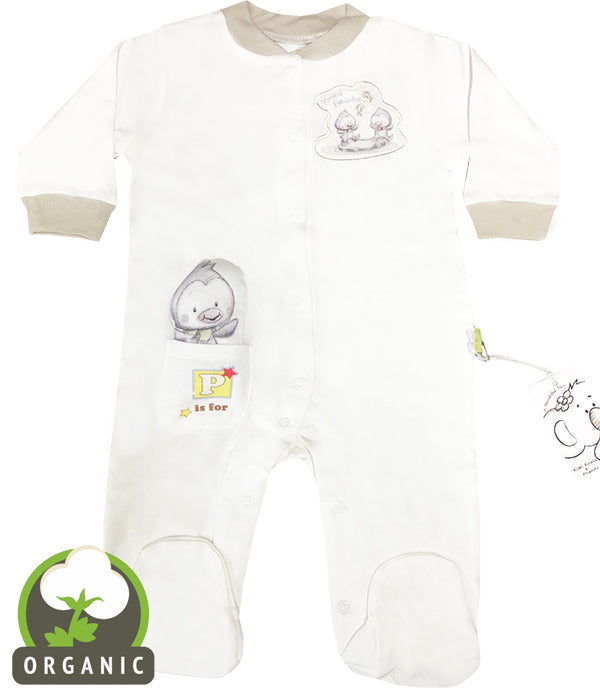 organic cotton baby studsuit with penguin toy