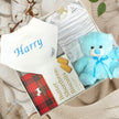 Personalised baby boy gift hamper with blue teddy and biscuits