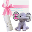 Baby gift set with personalized purple elephant and white blanket from The Baby Gift Company.