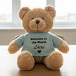 Brown teddy bear with blue top Personalised with Noah name on a wooden table