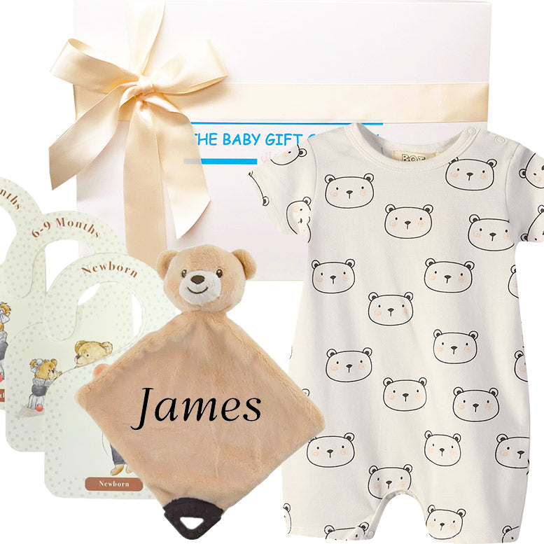 Baby gift set with onesie and plush toy, featuring the name 'James'.