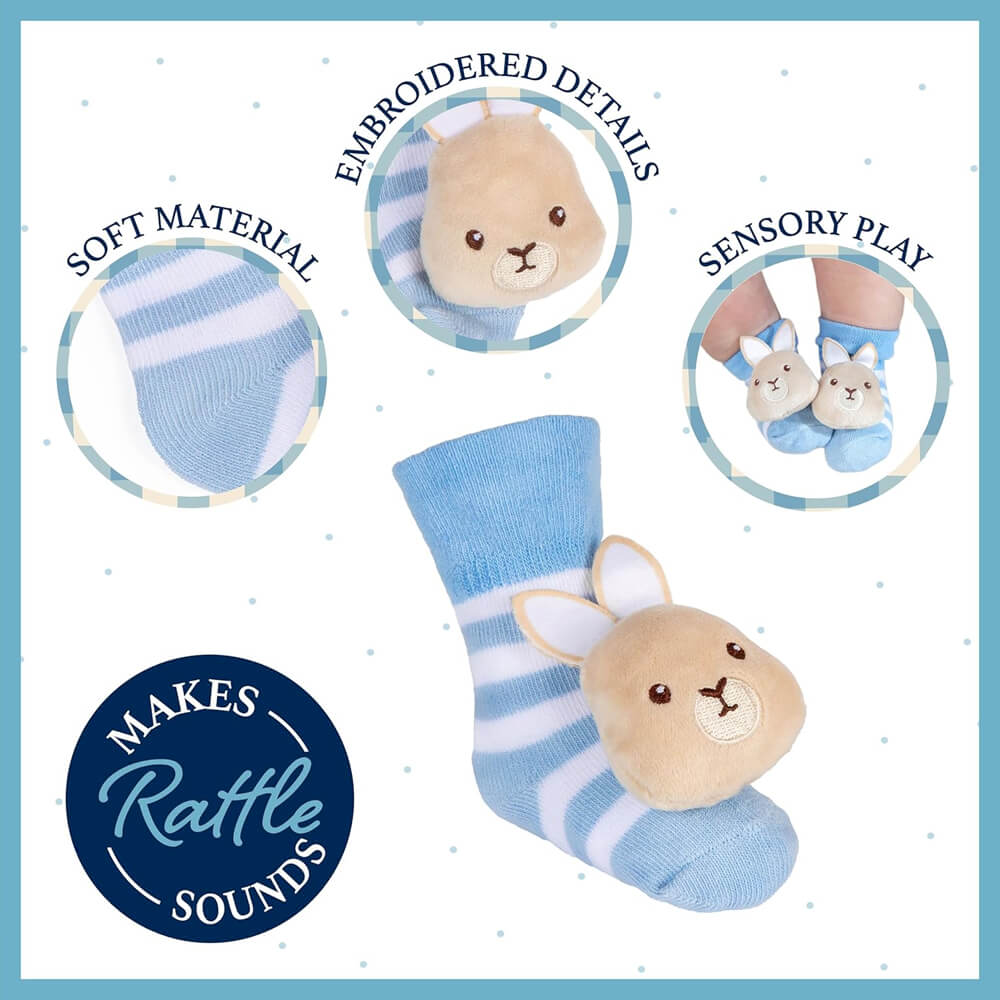 Peter Rabbit Ultra-Soft Baby Foot Rattles with illustrations on a white background