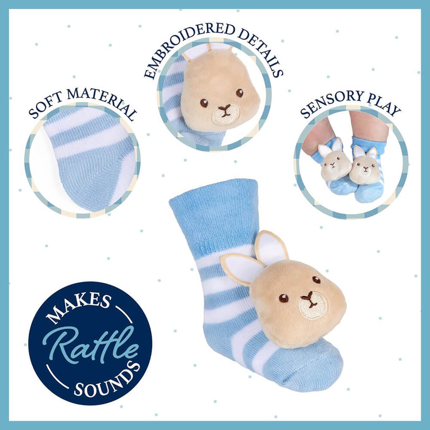 Peter Rabbit Ultra-Soft Baby Foot Rattles with illustrations on a white background