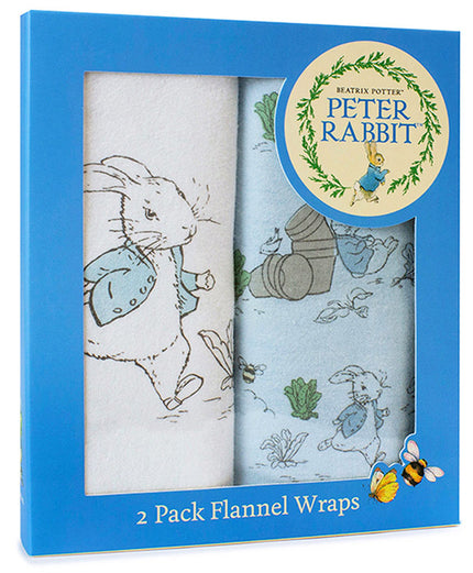 Pack of 2 Peter Rabbit flannel wraps in a blue box with illustrations on a white background