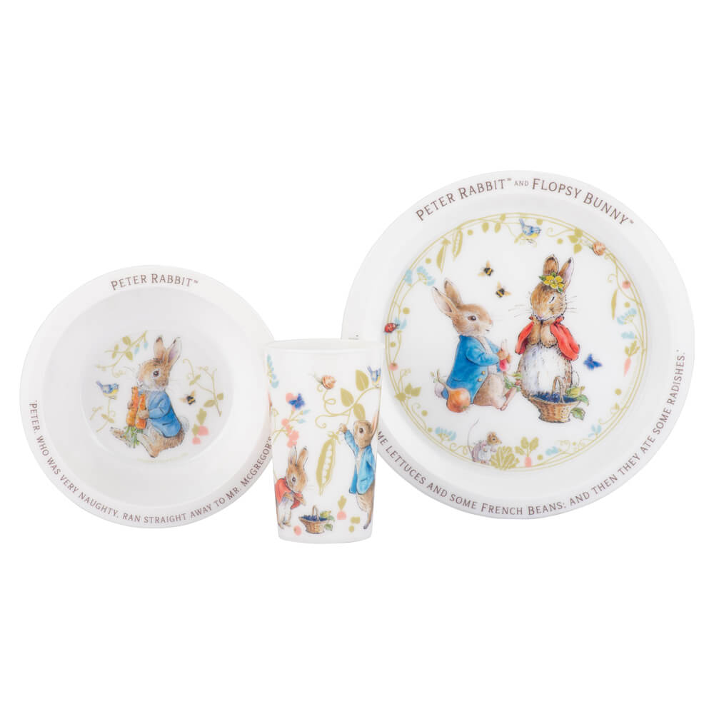 Peter Rabbit mealtime dinner set with plates, bowl and a cup.