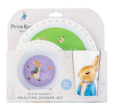 Peter Rabbit mealtime dinner set packaging with two plates and a napkin.