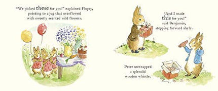 Illustration from a children's book featuring rabbits and a wooden whistle.
