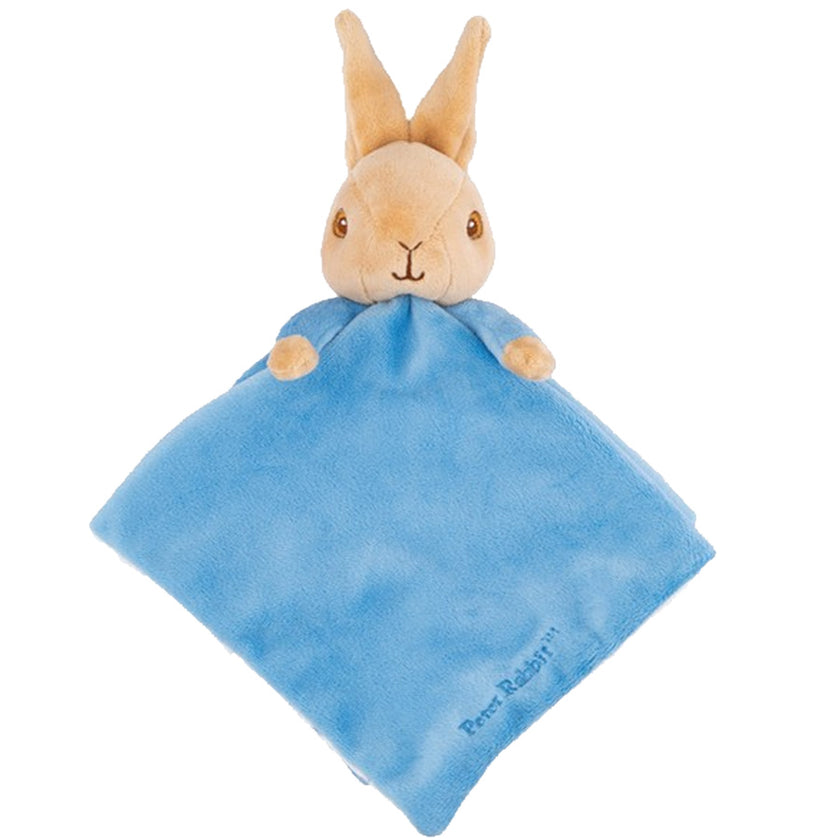 Plush toy with a blue blanket and rabbit design on a white background