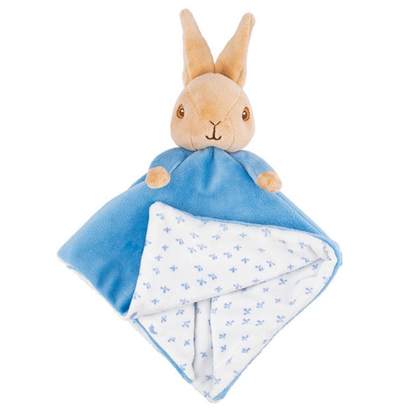 Plush toy with a blue blanket and rabbit face on a white background