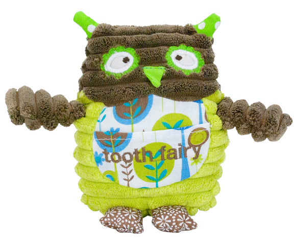 Plush owl toy with a colorful design on a white background