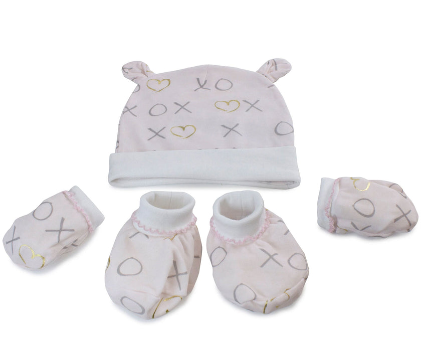 Baby hat, mittens, and booties set with 'XO' and heart patterns on a white background