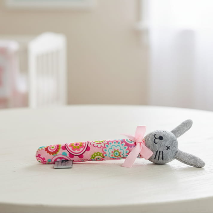 Pink patterned bunny rattle on table