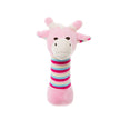 Pink and purple striped giraffe plush toy on a white background