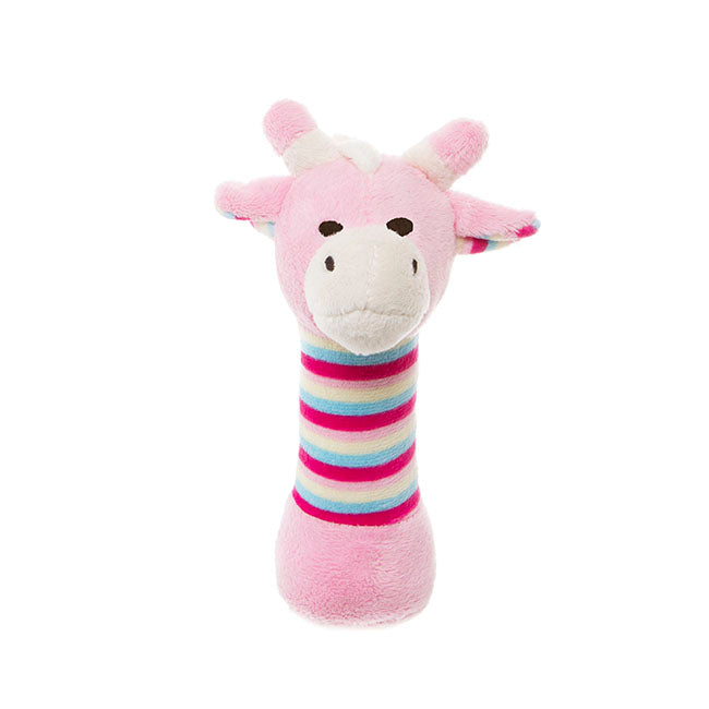 Pink and purple striped giraffe plush toy on a white background