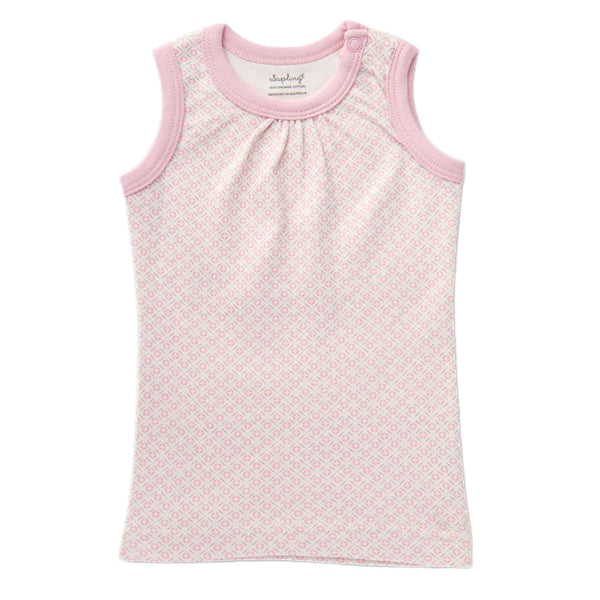Pink sleeveless top with subtle pattern on a white background