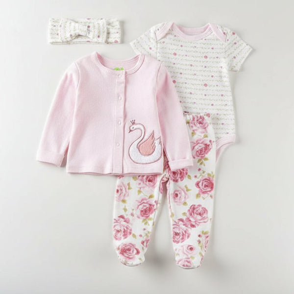 Baby clothing set with pink cardigan, white onesie with swan design, and floral pants on a white background.