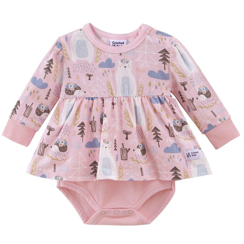 Baby dress with long sleeves and pink pattern on a white background
