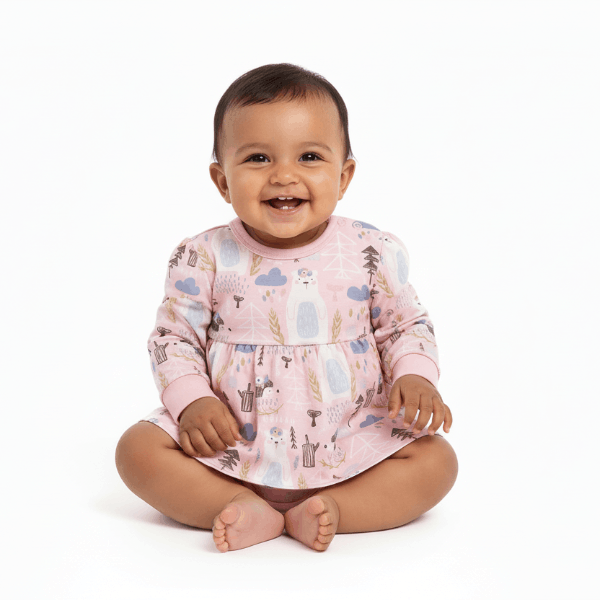 baby girl sitting and wearing a pink dress