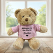 Teddy bear with pink top personalised with welcome to the world Sophie.