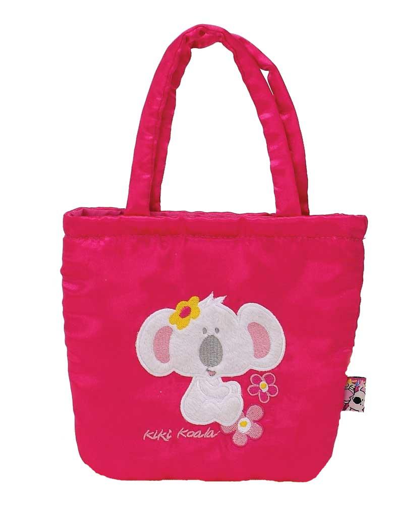 Pink tote bag with a cartoon elephant design on a white background