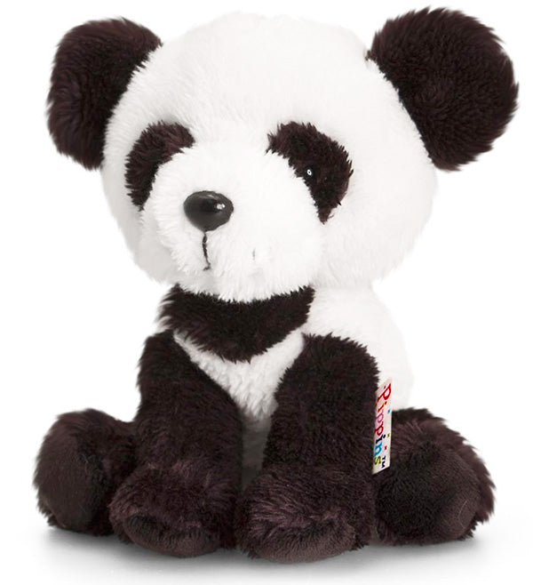 Plush panda toy with a visible brand tag on a white background