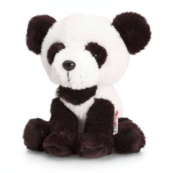 Plush panda toy with a visible brand tag on a white background