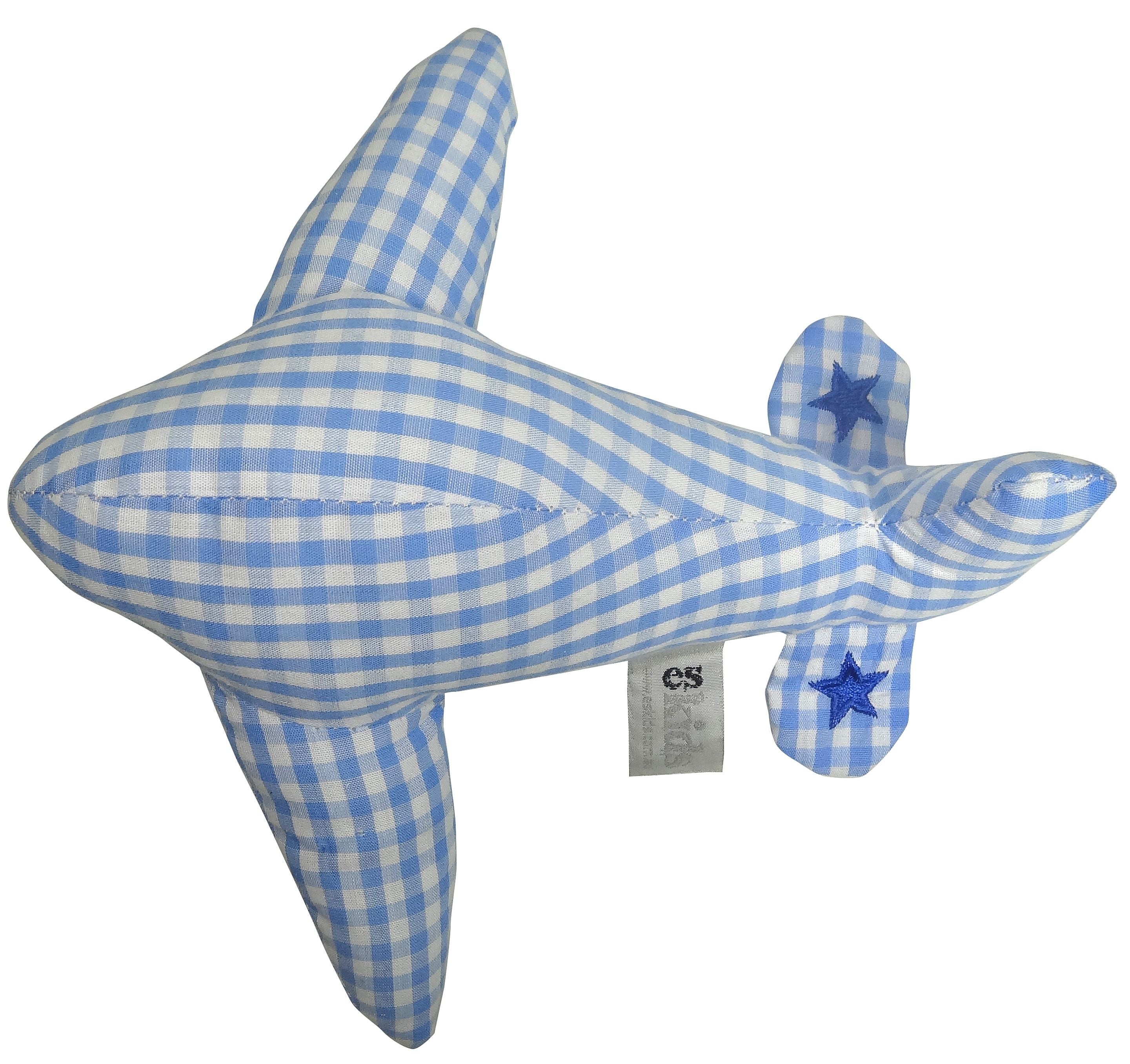 Blue and white checkered shark-shaped pillow with star details on a white background