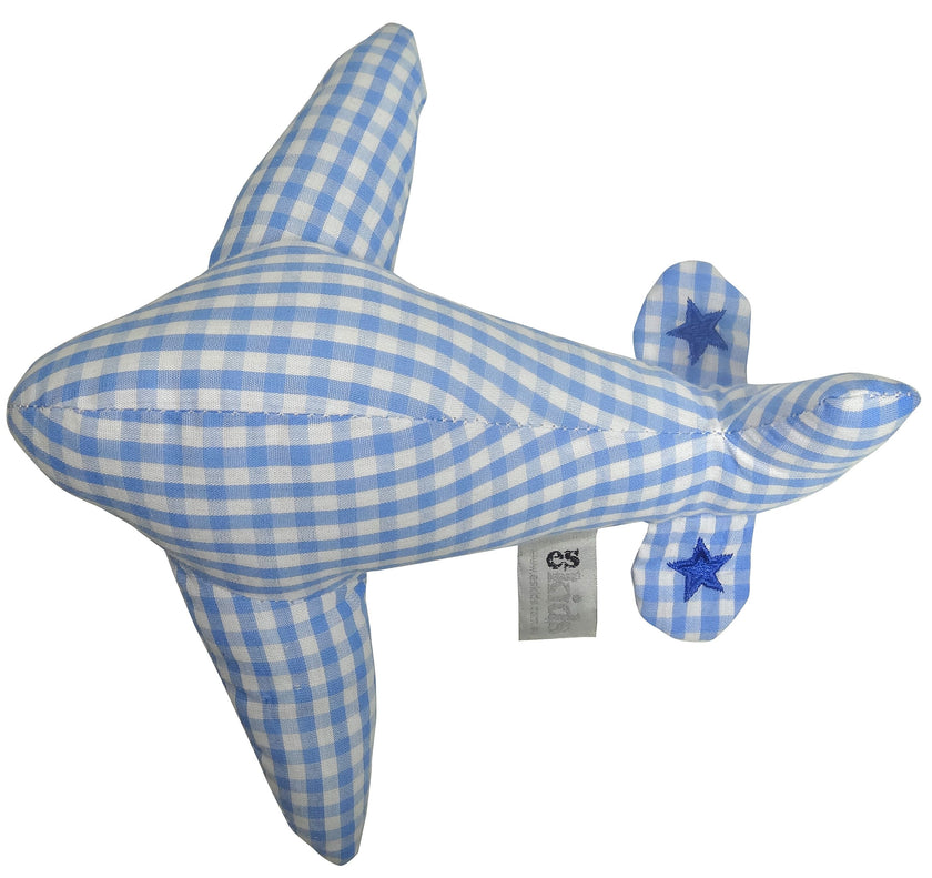 Blue and white checkered shark-shaped pillow with star details on a white background