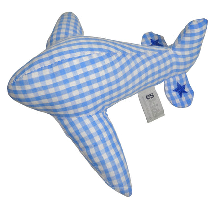 Blue and white checkered shark-shaped plush toy with a tag on a white background