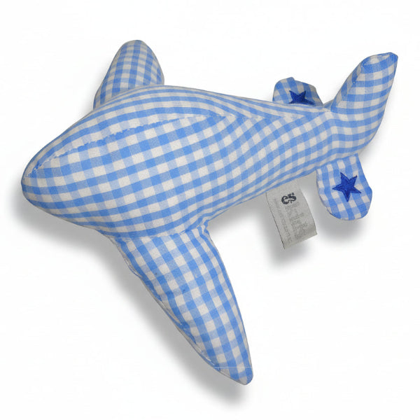 Blue and white checkered shark-shaped plush toy with a tag on a white background