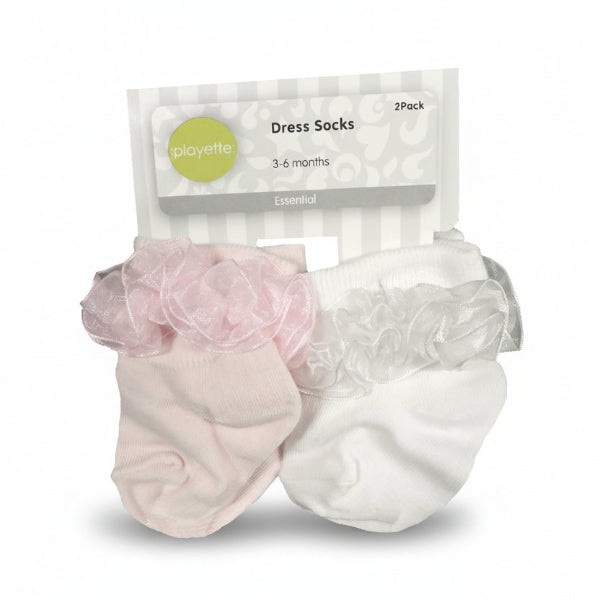 Two pairs of baby dress socks with floral details in packaging, brand 'playette' visible.