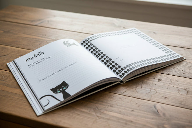 My Pregnancy Journal with black and white illustrations of a cat, rabbit, and text prompts on a white background.
