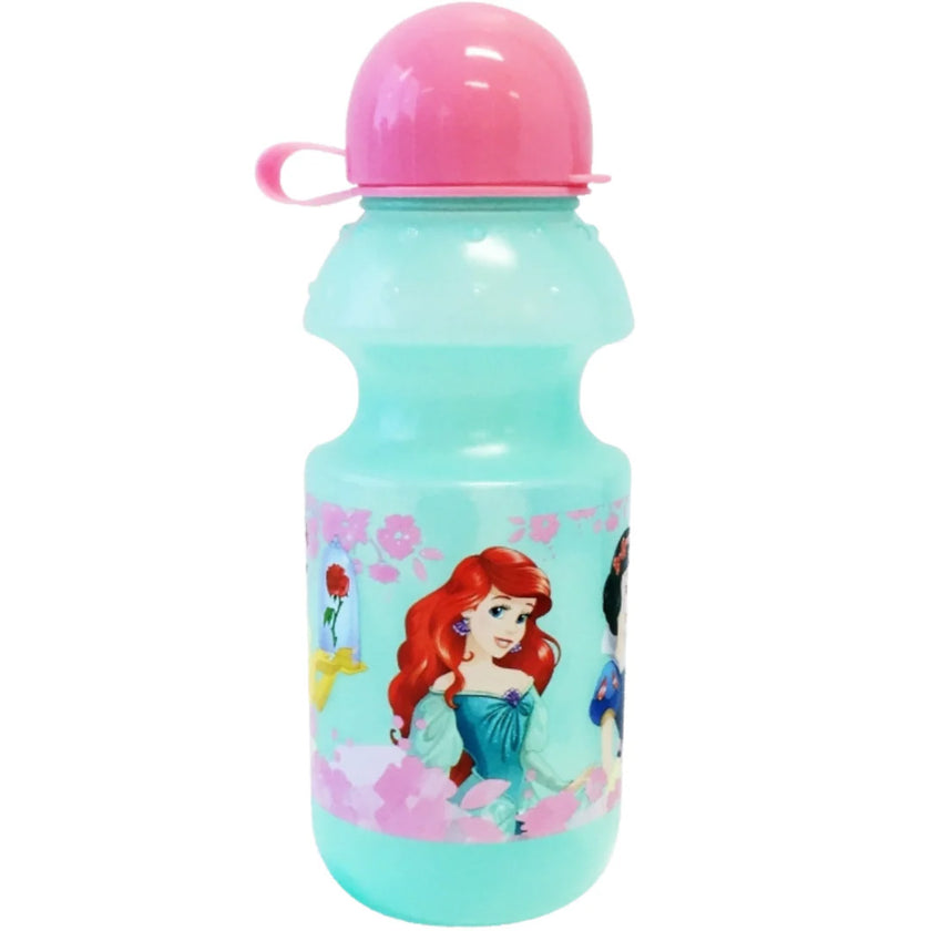 Children's water bottle with pink lid featuring Disney Princess design and 'zak!' branding.