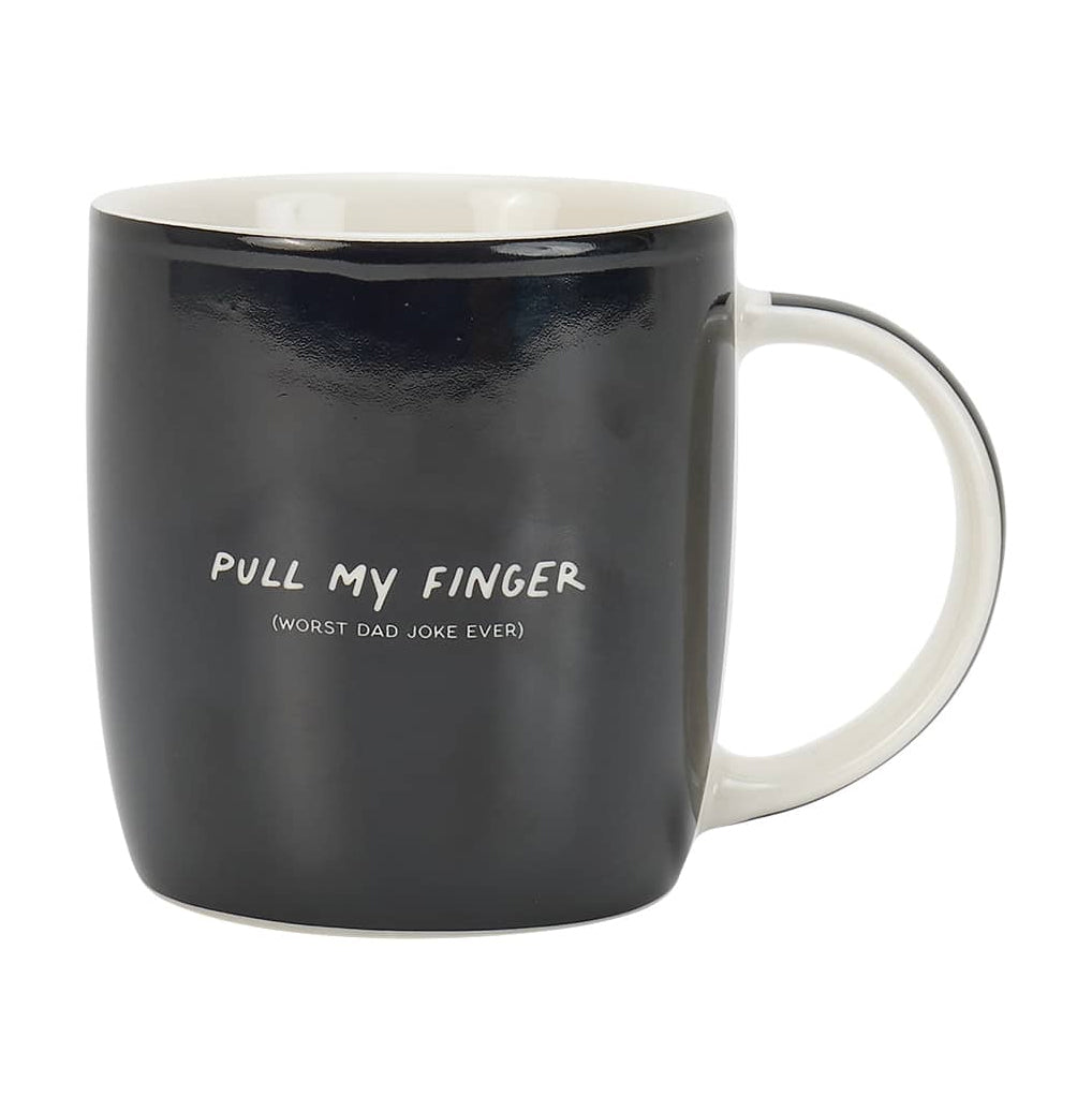 Black mug with white text 'Pull My Finger (Worst Dad Joke Ever)' on a white background
